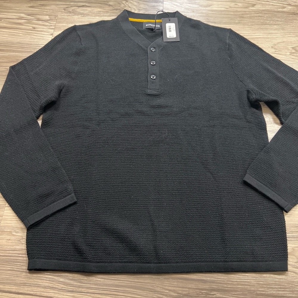 BONOBOS Merino Hybrid Henley Sweatshirt Black Wool Blend Men’s Medium $99 NWT